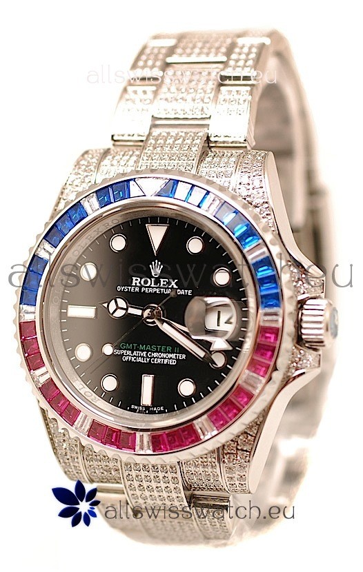 Rolex GMT Masters II 2011 Edition Swiss Replica Watch with Diamonds Casing and Bezel