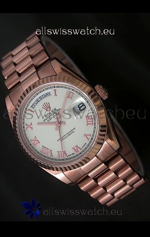 Rolex Day Date Swiss Rose Gold Watch in White Dial