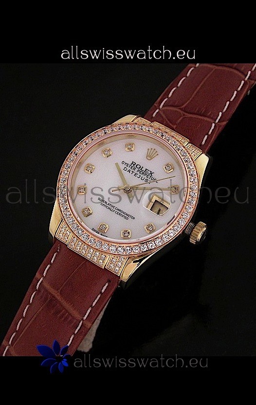 Rolex DateJust Swiss Mens Replica Yellow Gold Watch in Mop White Dial