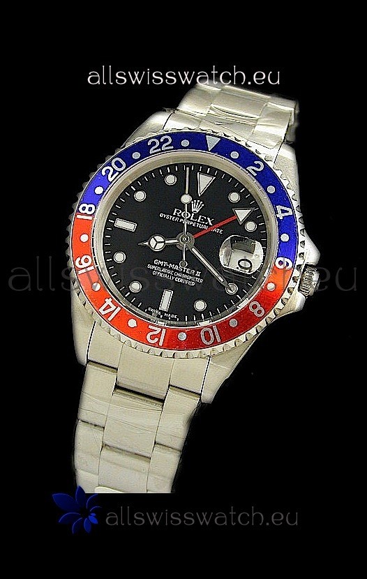 Rolex GMT Master II Swiss Replica Steel Watch in Red and Blue Bezel 