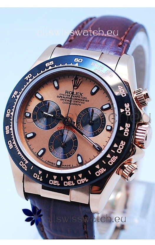 Rolex Daytona Chronograph MonoBloc Cerachrom Bezel Swiss Replica Watch in Rose Gold Plated Dial 