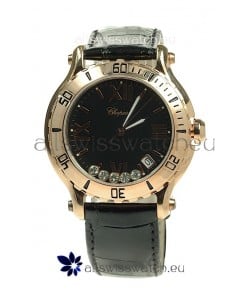 Chopard Happy Sport Diamonds Edition Replica Gold Watch in Black Strap