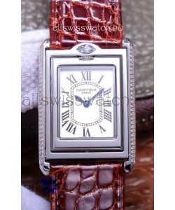 Cartier Tank Reversible Swiss Quartz Replica Watch in Steel Casing - Brown Strap