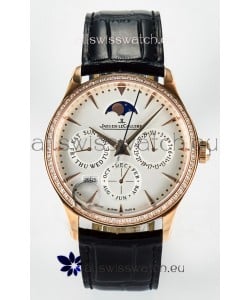 Jaeger LeCoultre Super Clone Master Ultra-Thin Perpetual Calendar White Dial Diamonds Bezel Watch