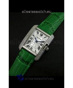Cartier Louis Japanese Replica Ladies Diamond Watch in Green Strap