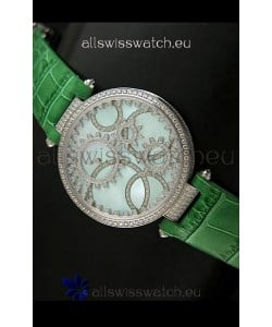 Cartier Replica Watch with Diamonds Embedded Dial Bezel in Steel Case/Green Strap